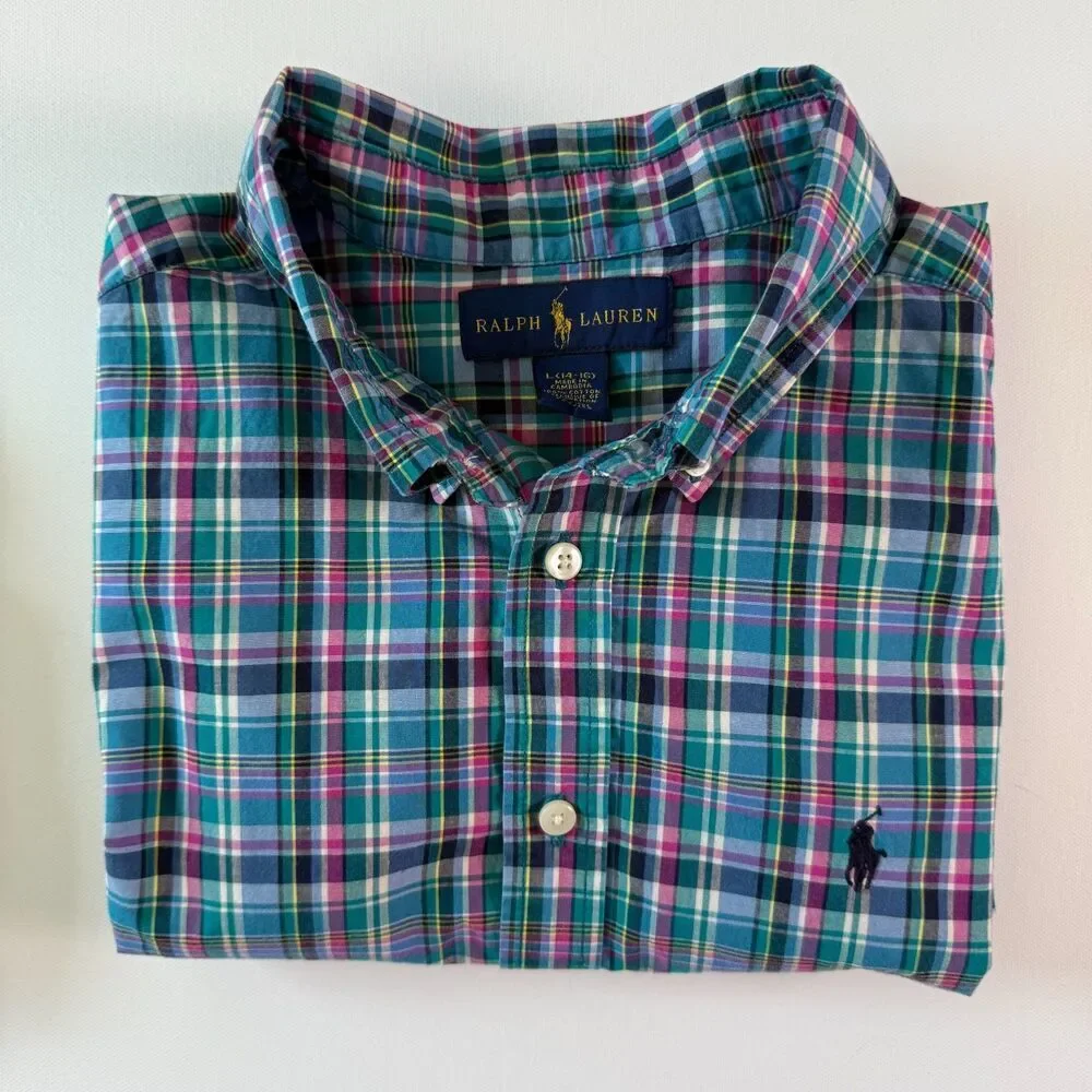 Ralph Lauren BOYS Long Sleeve Button Down Sz. L (14-16) Plaid Blue Pink Green